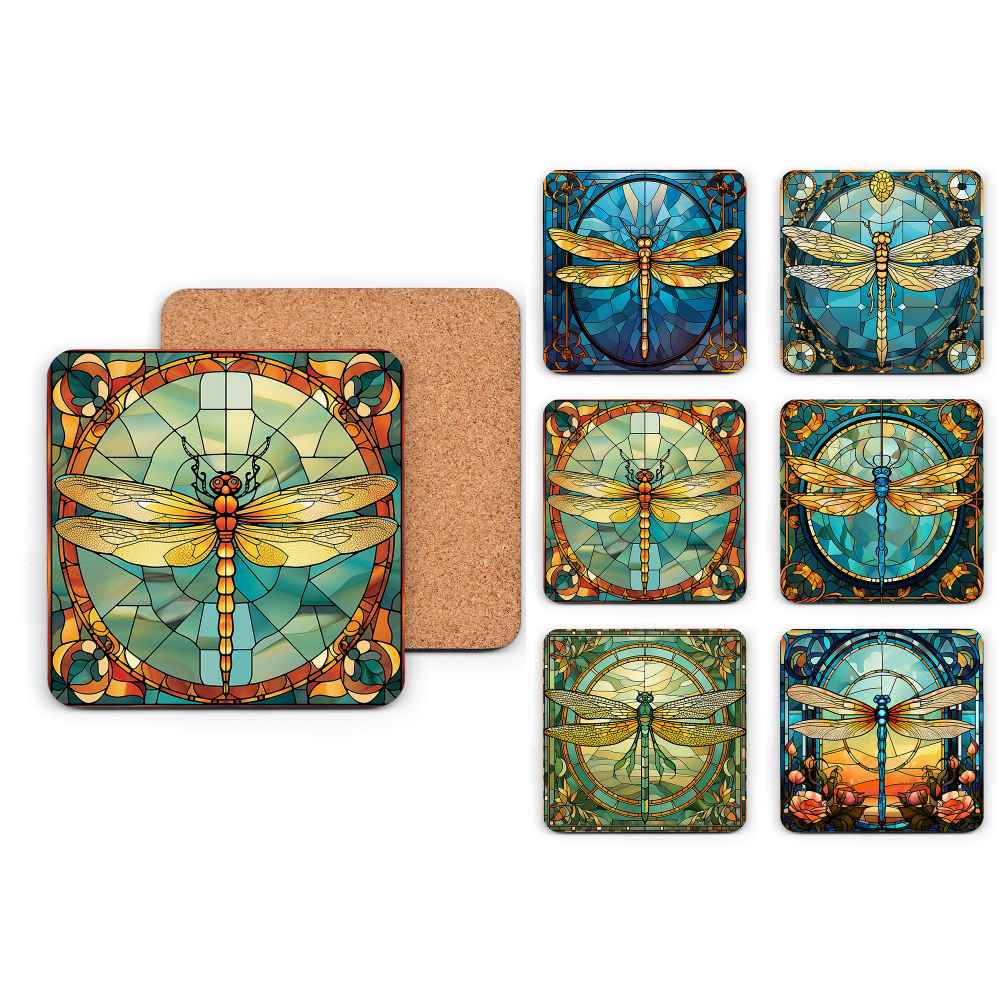 Stained Glass Dragonfly Drinks Coaster Set