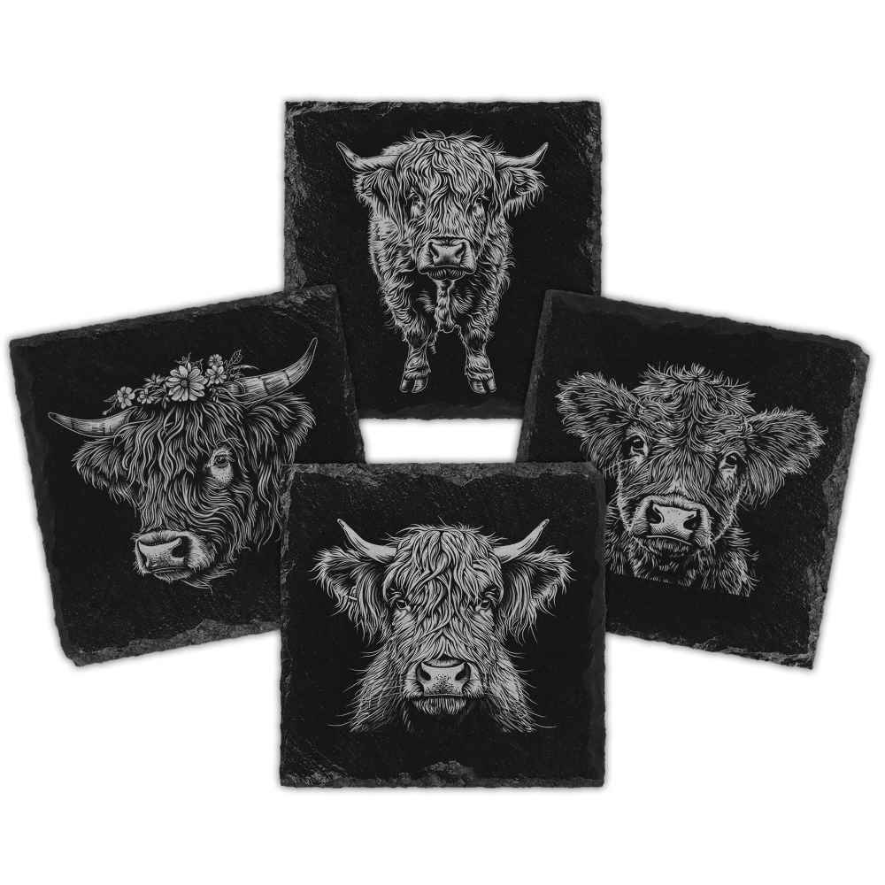Highland Cows Engraved Natural Slate Coasters