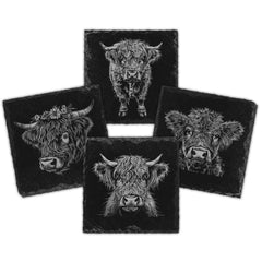 Highland Cows Engraved Natural Slate Coasters