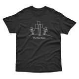 Black T-Shirt with Line Drawing Christian Crosses with He Has Risen written underneath.
