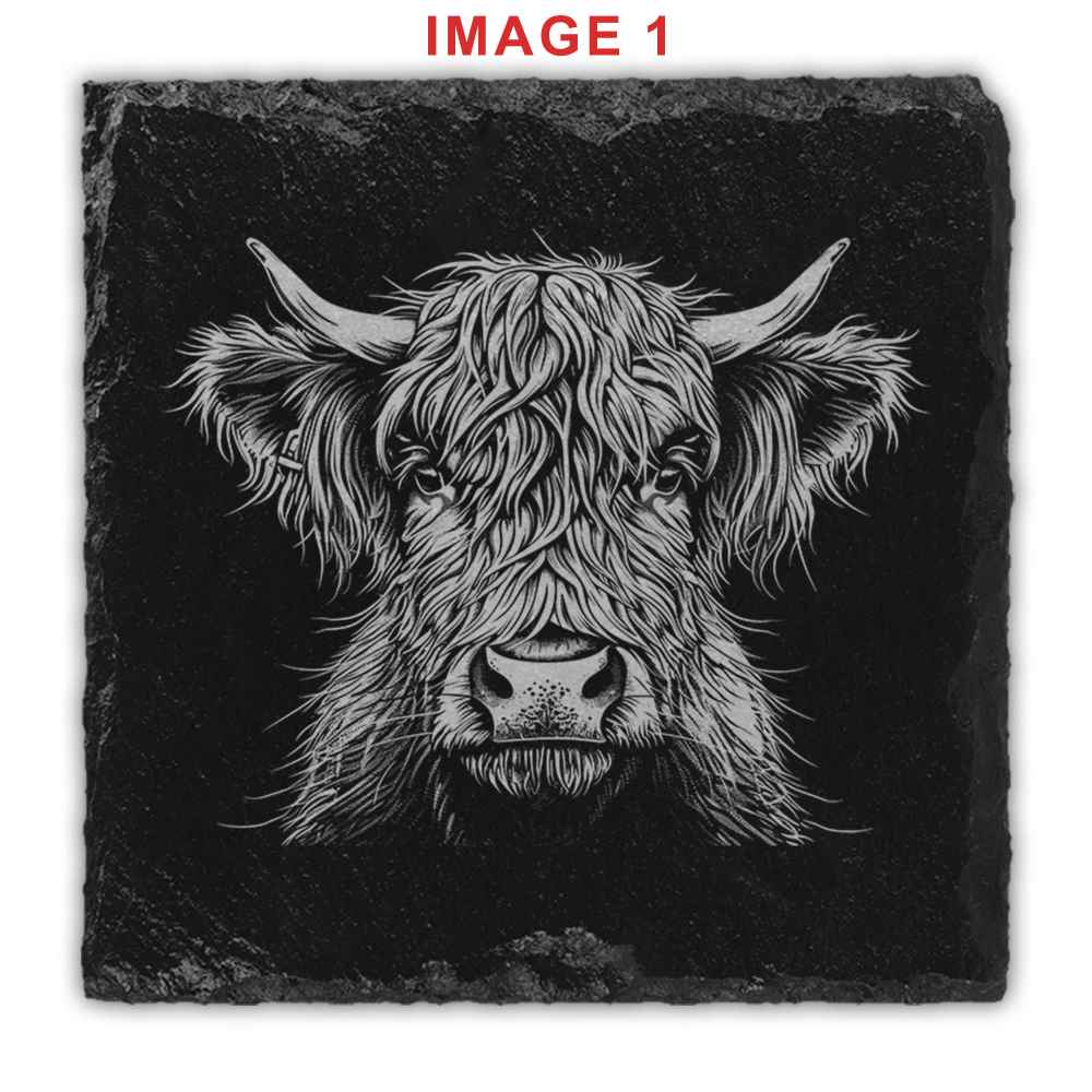 Highland Cows Engraved Natural Slate Coasters