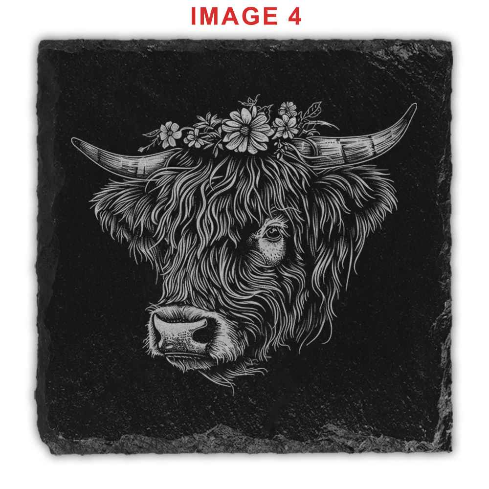 Highland Cows Engraved Natural Slate Coasters